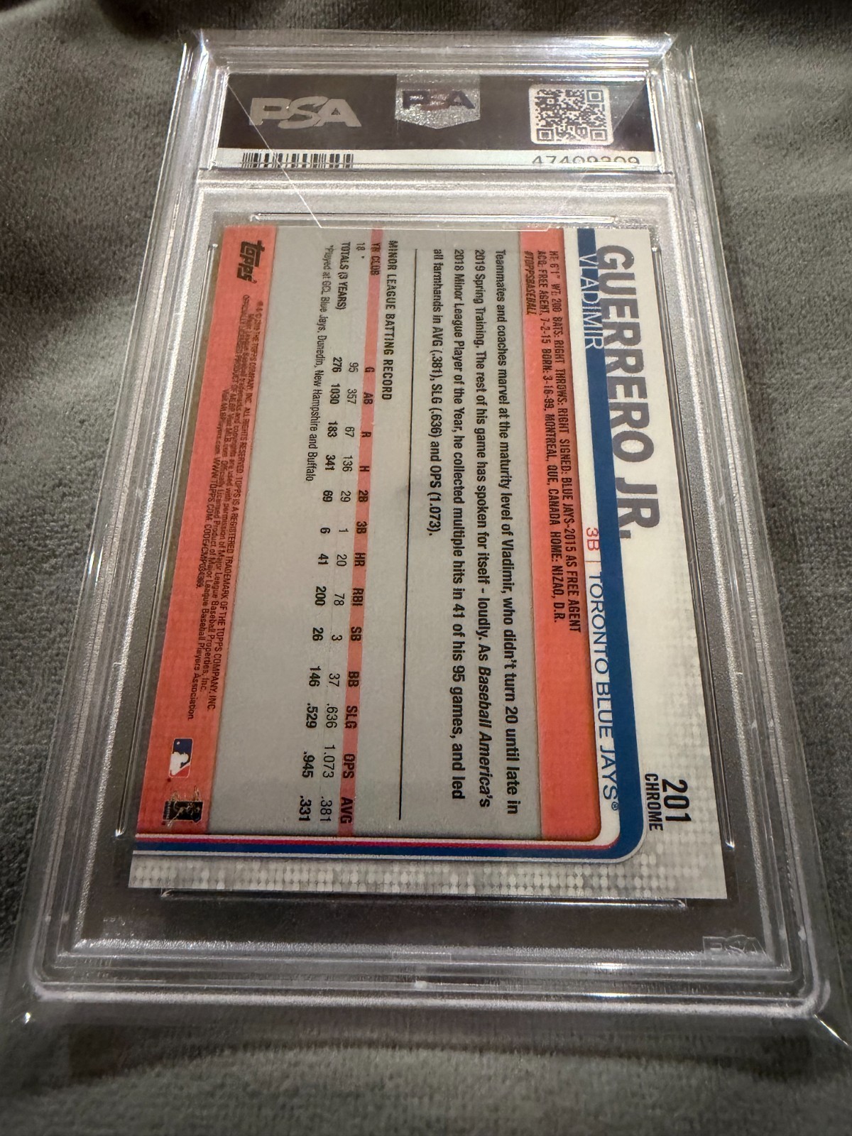 2019 Topps Chrome Vladimir Guerrero Jr. #201 Rookie PSA 10 Gem Mint Blue Jays RC view 2