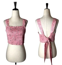 House of Harlow 1960 Top Women Medium Pink Floral Smocked Back Tie Crop Tank
