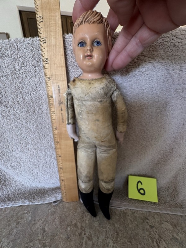 Antique Schutz-Marke #11, Celluloid Head Leather Arms, Porcelain Hands Doll