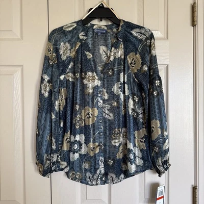 Democracy Silky Sheer Pattern Blouse Women’s SZ XS Long Sleeve Flowy Peasant-NWT - Image 1 of 4