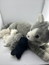 Vintage 1981 Dakin Grey Cat Mother Nursing 3 Kittens Plush Nature Babies
