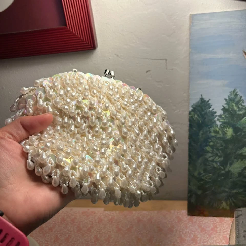 Vintage Beaded Evening Bag Hong Kong 1950s Handmade Pearl Sequin Clutch Purse - Image 4 of 4