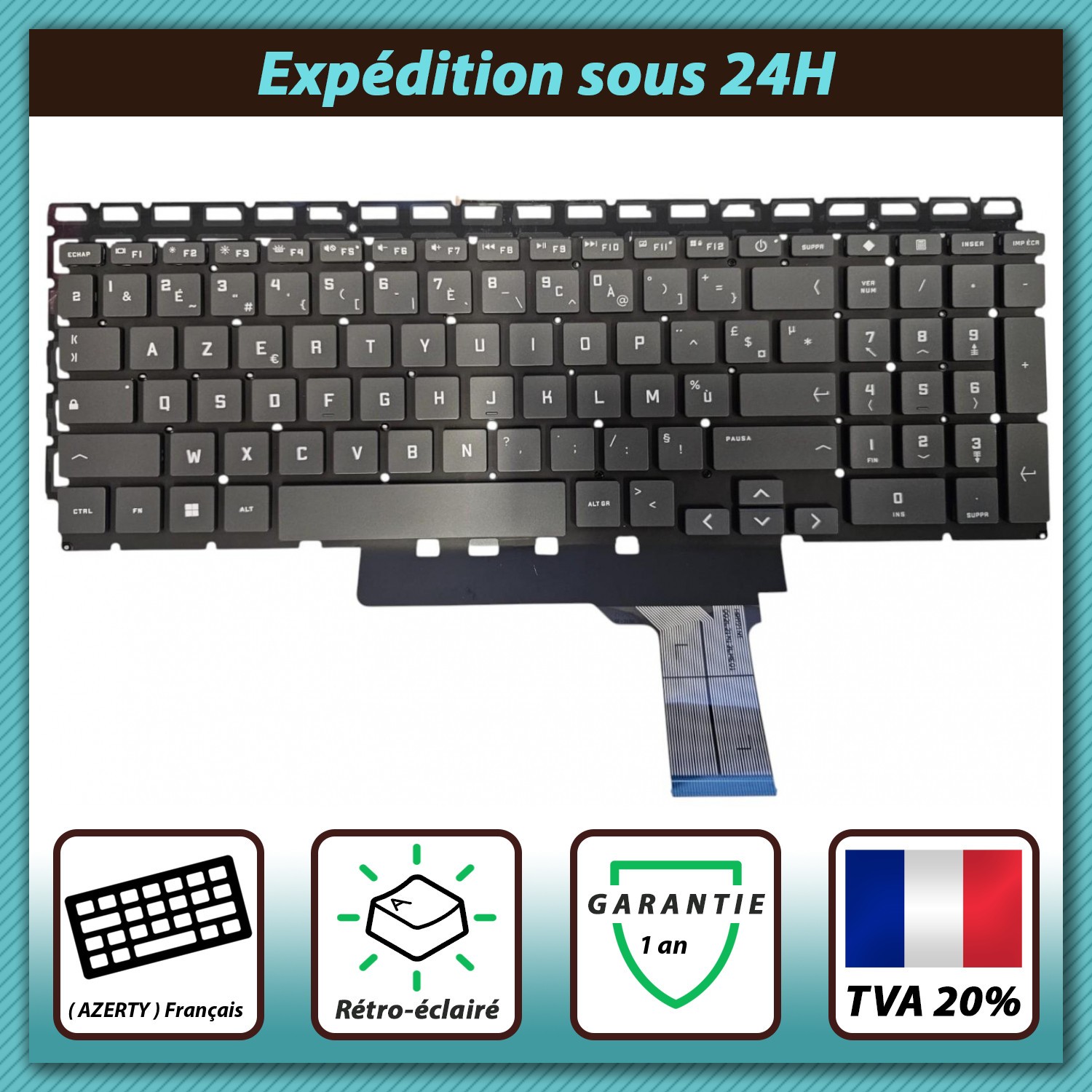 Clavier Français AZERTY HP Victus Gaming 15 PC Portable avec Touches Rétroéclairées