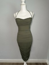 Windsor Olive Ruched Bodycon Midi Dress Sweetheart Neck Adjustable Straps Size S