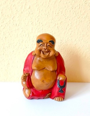 Handgeschnitzte Holzfigur Lachender Buddha Glücksbuddha Wunderschöne Dekofigur