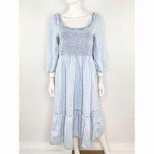 GAP Blue Denim Smocked Midi Dress Size L Long Sleeve Casual Cottagecore Peasant