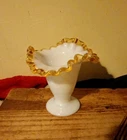 Vintage Fenton Milk Glass Gold Crest Ruffled Vase 4 1/2” Tall