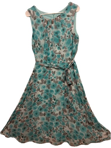 R&K Dress 14 Silky Chiffon Floral Belted Fully Lined Fit And Flare Sleeveless - Picture 5 of 10
