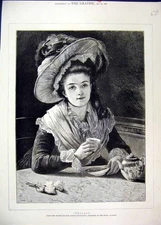 Original Old Antique Print 1878 Portrait Phyllis Beautiful Hat Drinking Tea 19th