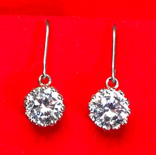 Sterling Silver CZ Dangle Earrings 925 Crown Setting 4cts 8mm .90" 3g 7711