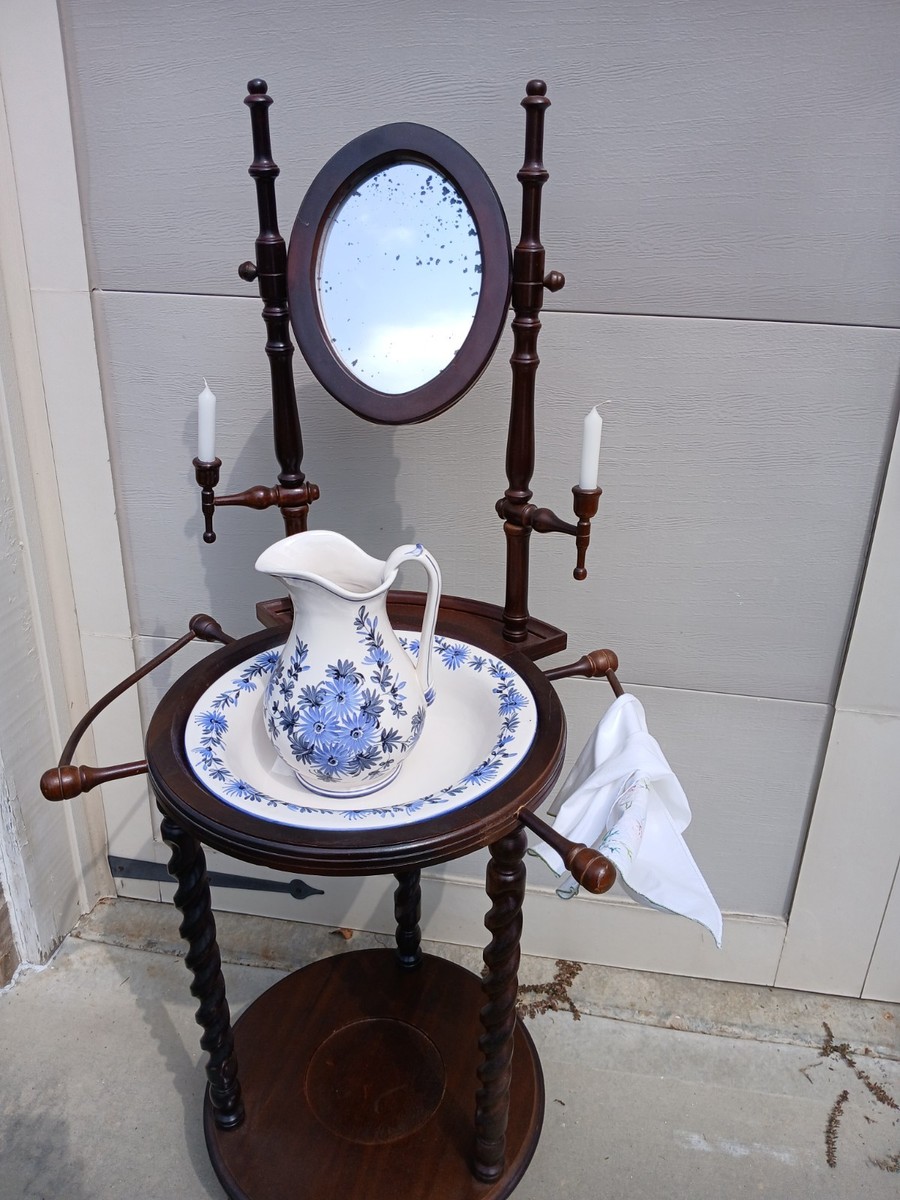 Vintage Wash Basin Stand With Mirrow, Ironstone Pitcher And Bowl Set, image size:900x1200