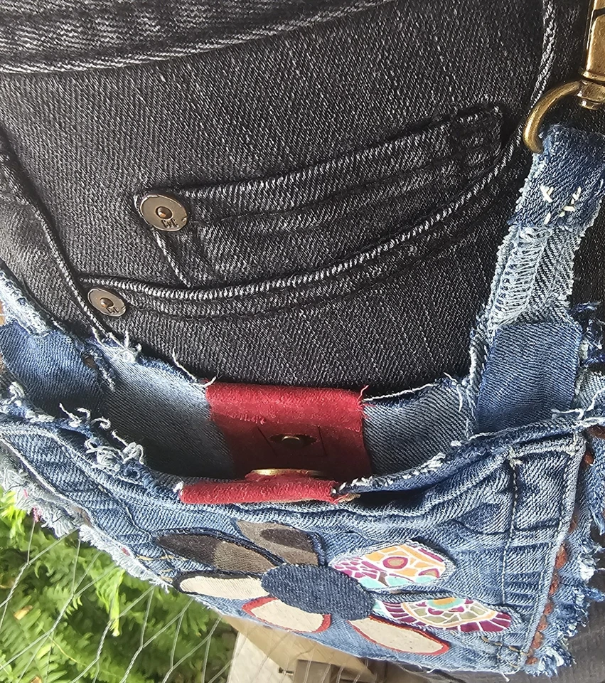 Bolso Cartera Boho Reversible Hipster Hippie Reciclado Denim Roble Cosido a Mano  Foto 4 de 4