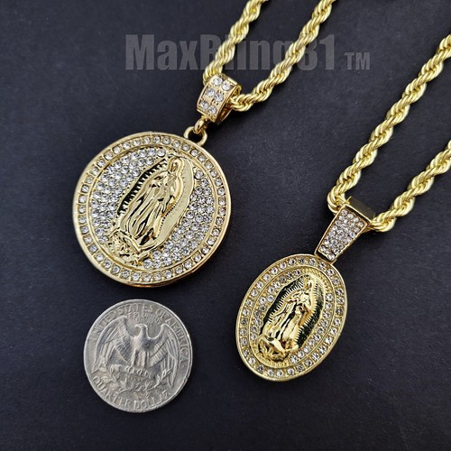 Gold Plated Cubic Zirconia Guadalupe Virgin Mary Charm & 24" Rope Chain Necklace - Afbeelding 9 van 10
