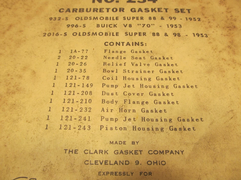 Kit de juntas de carburador FMP vintage para Oldsmobile 1952-1953 Super 88, 98 NO.234 Foto 3 de 4