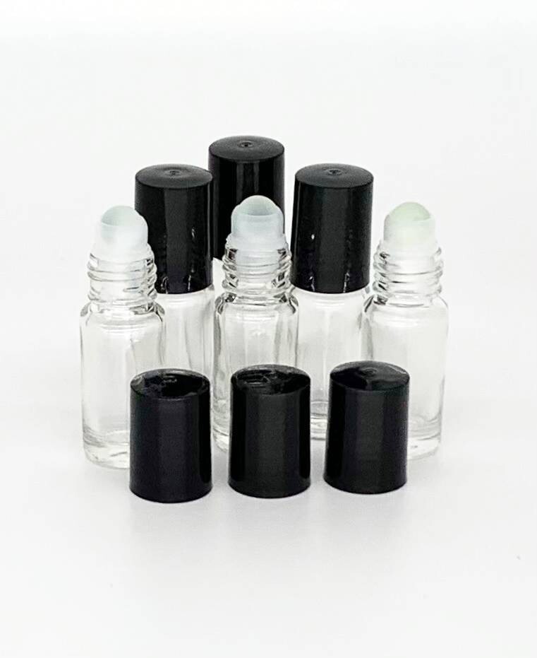6 Bottles Clear 1/6 oz, 5 ml GLASS Roll On Bottle With Black Cap & Roller New !