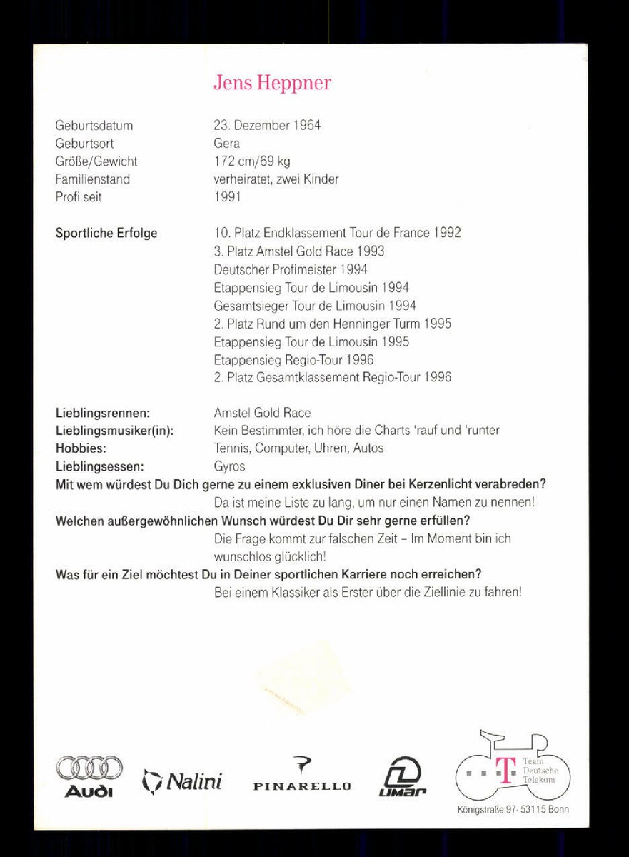Carte Autographe Originale Signée Par Jens Heppner - Cyclisme
