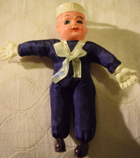 Vtg U.S. Navy Doll Sailor Fabric Body Made in Japan Plastic 1940s Celluloid 7.5"