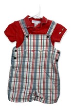 Vintage Janie Jack Baby Boy Outfit Set Bodysuit Overall Car Plaid Charm 6-12 M