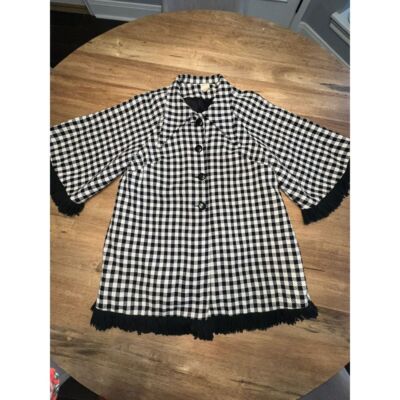 VTG Gingham B&W Ample Togs Coat Size L Barrymore Daggar Collar Jacket Fringe