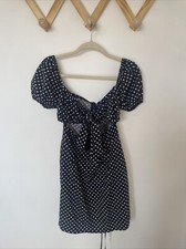 PRETTYLITTLETHING Black Polka Dot Bardot Puff Sleeve Tie Front Bodycon Dress 12