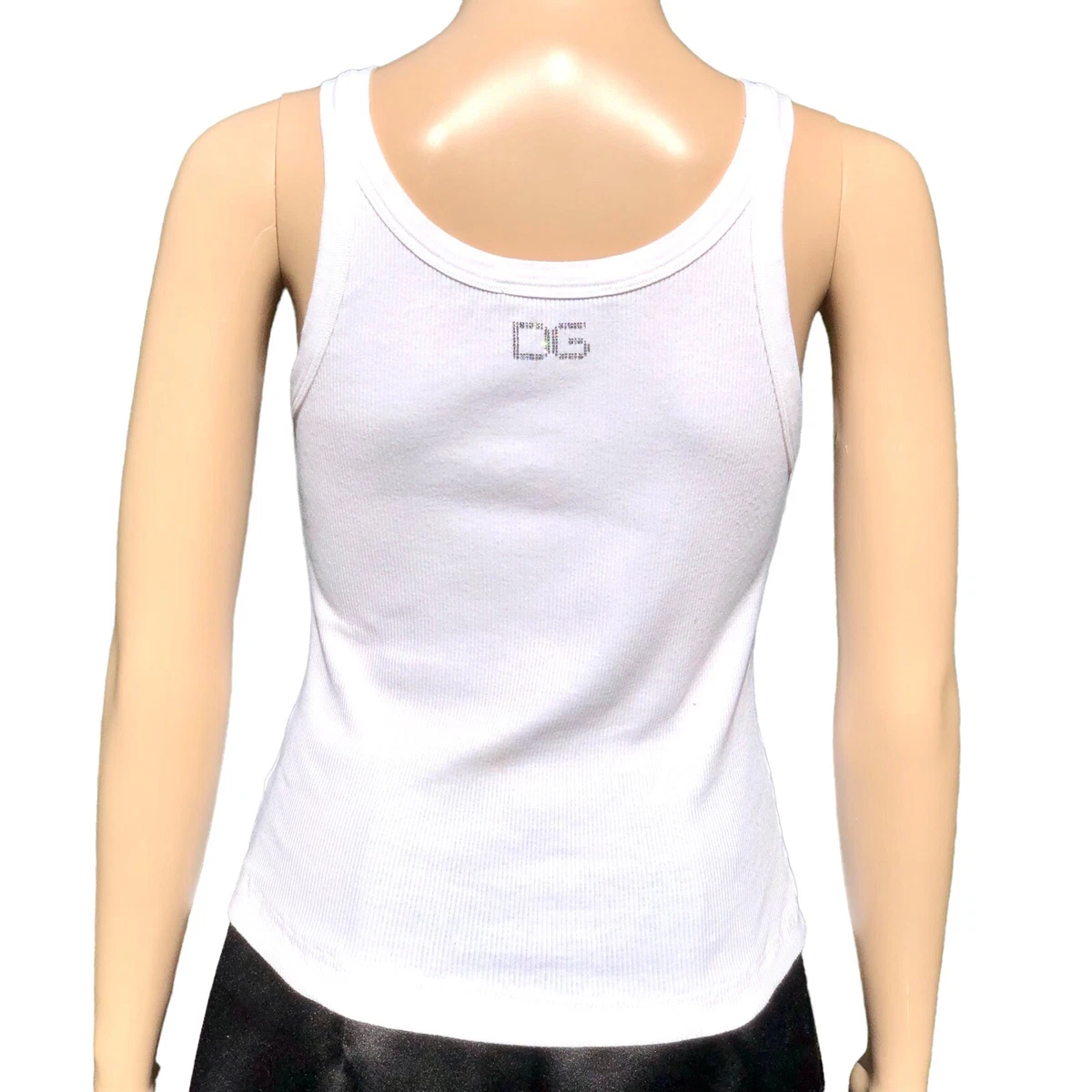 Dolce Gabbana White Ribbed Tank Top With Crystal DG Logo Sz M