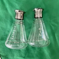 Vintage Glass Oil And Vinegar Cruets Silver Bands Atomic Retro Style No Lids