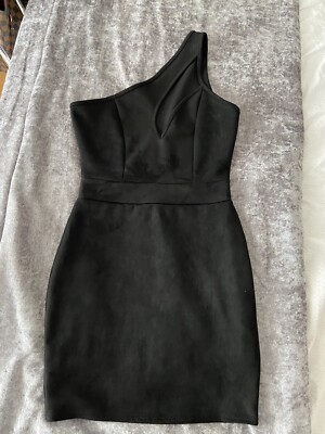 Boohoo Black One Shoulder Suede Cut Out Bodycon Dress Size 10 NEW