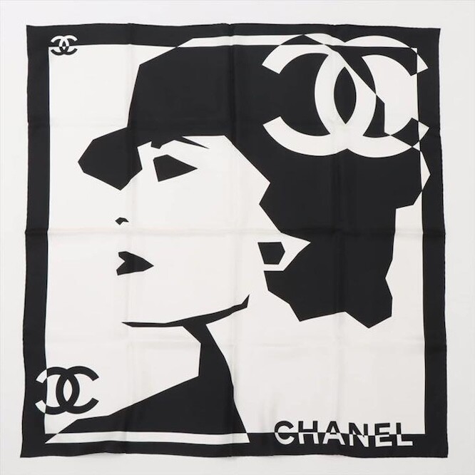 CHANEL Scarf Stole Mademoiselle Coco Black White Silk Woman