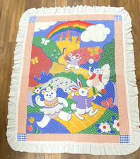 Vintage Handmade Baby Quilt Animals Rainbow Castle Birds Squirrel Bunny Ruffles
