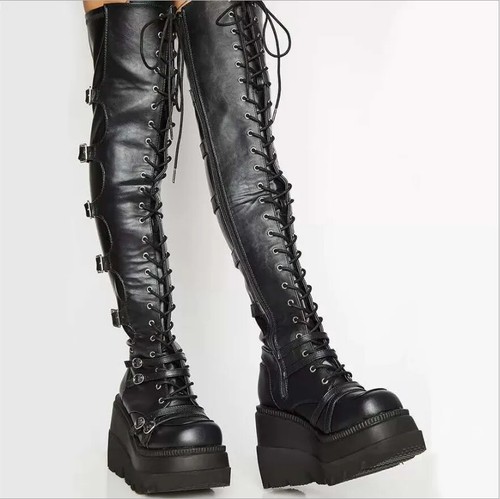 Overknee Stiefel Plateau Keilabsatz Stiefel Overknee Stripper Absatz Schnür Schnalle - Bild 6 von 25