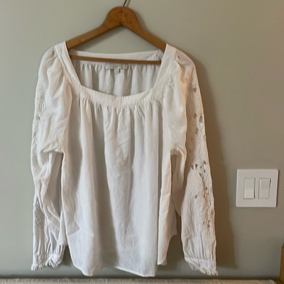 LOFT Off-White Embroidered Floral Fringe Arm Long-Sleeve Blouse Size L