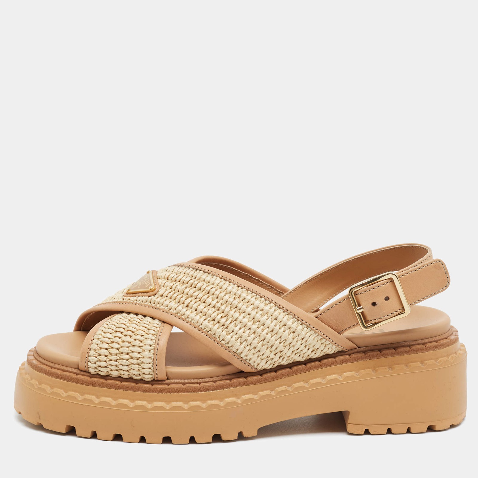 Prada Size 37 Beige Crochet and Leather Slingback Sandals
