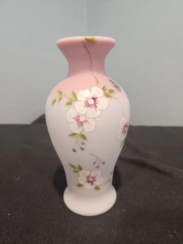 FENTON STUNNING BLUE BURMESE URN VASE w CHERRY BLOSSOM FLORAL DESIGN