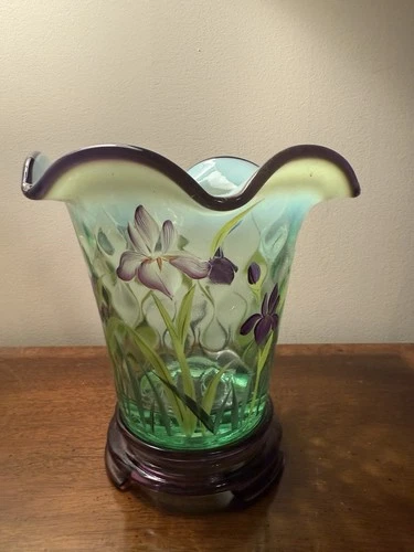 Fenton Designer Showcase Series Green Opalescent Glass Vase with Purple Iris