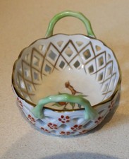 HEREND Mini Reticulated Basket Hand Painted with Green Handles - 1930-40's