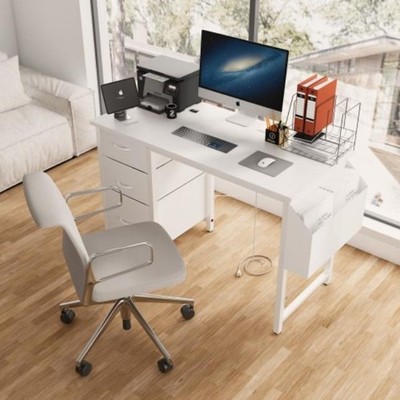 47.3''White Office Desk with Charge Station 3 Drawers MultiPurpose Computer Table