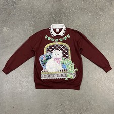 Vintage Cat Kitten Sweater Sweatshirt Women Sz L Collared 80s 90s Granny Retro