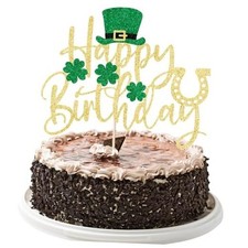 Happy Birthday Cake Topper for St. Patrick's Day - Shamrock Decor, Golden