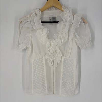 White Ruffle Corset Top Size M Short Puff Sleeve Smocked Back Lolita Coquette