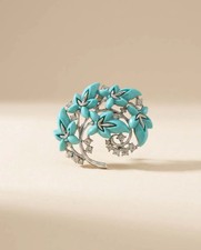 Vintage Turquoise Blue Floral Rhinestone Brooch Mid Century Flower Spray Pin