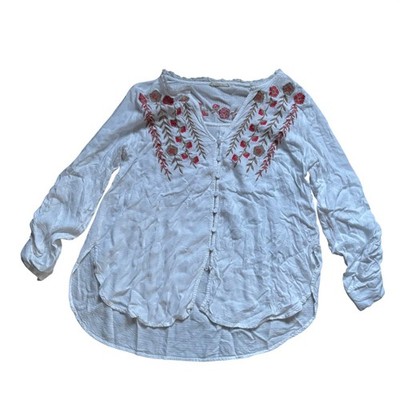 Lovestitch Embroidered Blouse Small White Floral Button Front Roll Tab Sleeve