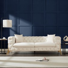 Chesterfield 3 Seater Sofa Cream Velvet Fabric Modern Design Couch Upholstered