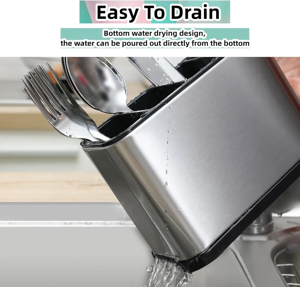 Organizador de cubiertos de acero inoxidable de 4 compartimentos - Carrito de mostrador para cubiertos Foto 3 de 4