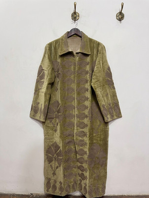Hand Embroidered Beige  Velvet Long Coat Floral Boho Women's Jacket