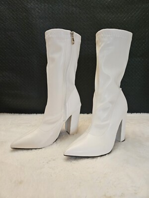 White Pointy Toe Chucky Heels Shin High Boots (7) Classy, Sheek,  Shein