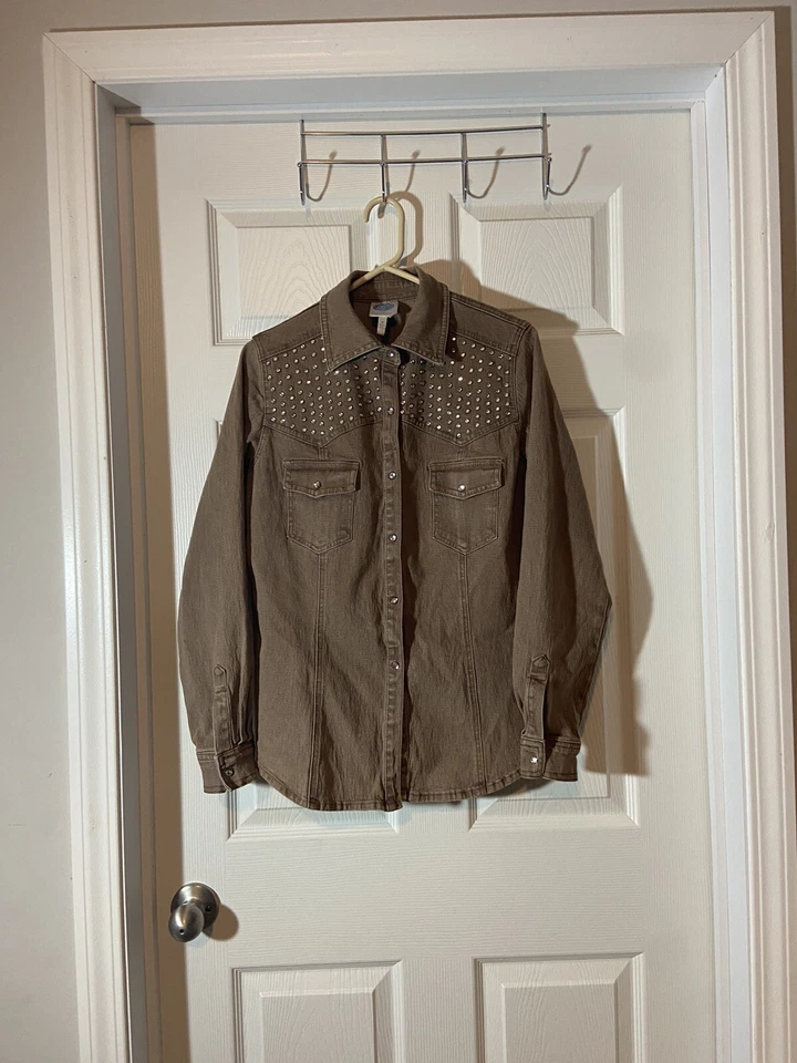 Jacket Blazer Denim DG2 Diane Gilman Brown Copper Studs Designer Jacket Med - Image 2 of 4