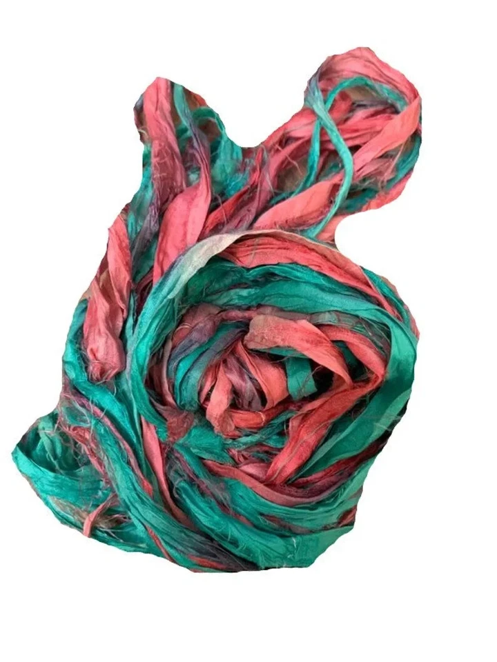 Recycled Sari Silk Ribbon Yarn -Green, Red Shaded -50 GMS - Boho Ribbon - Silk - Image 3 of 4