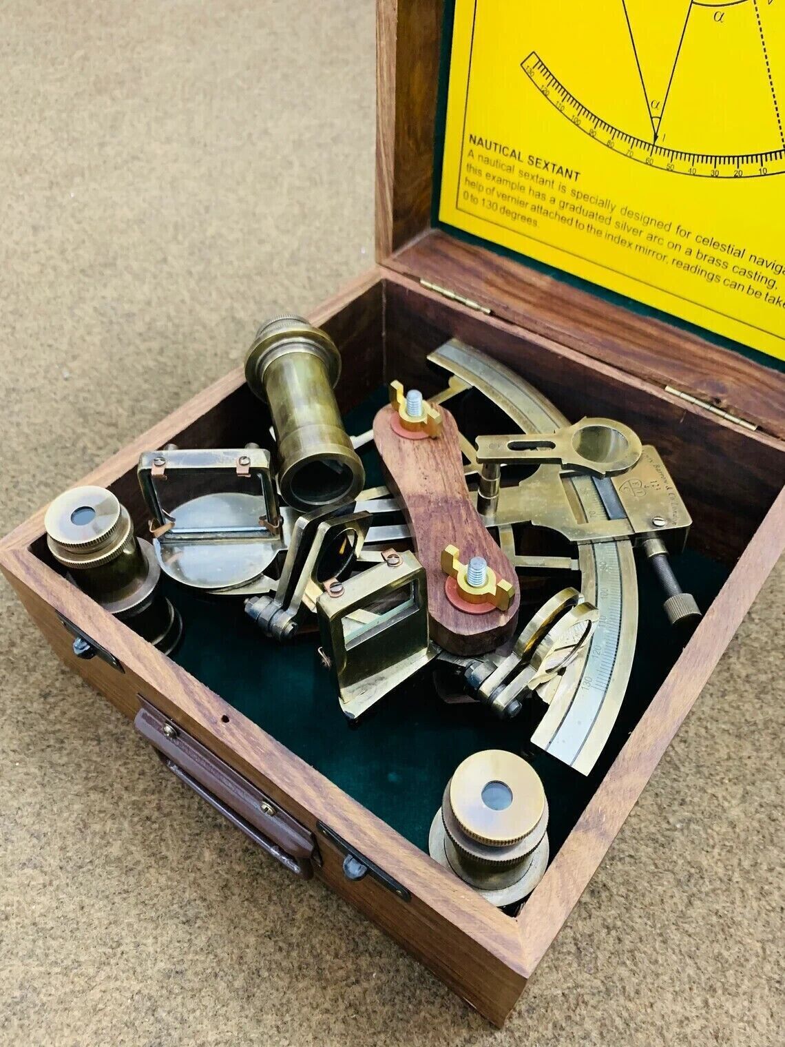 Antique Sextant With Wooden Case Nautical Brass Marine Captain Sextant