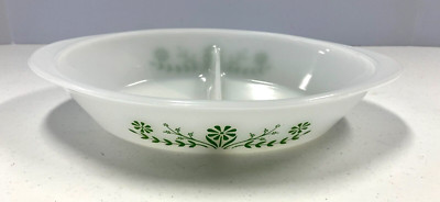 Vintage Pyrex Glasbake White Green Daisy Flower Oval Divided Casserole Dish Qt G