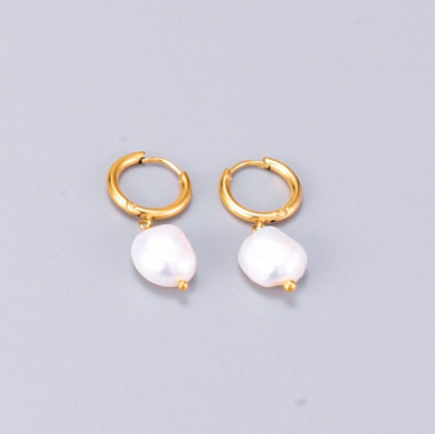 18K Gold Baroque Freshwater White Pearl Huggie Hoop Earrings 0.5'' Gift Box F21